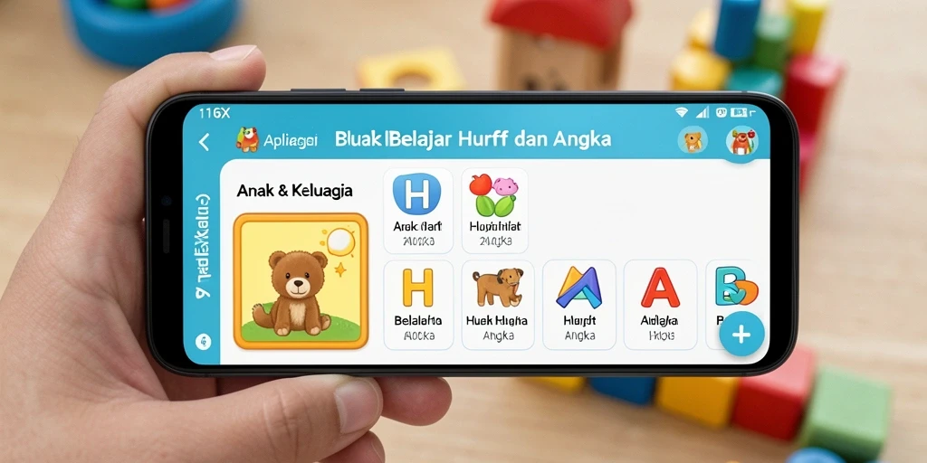 Tampilan antarmuka aplikasi 116X untuk belajar huruf dan angka.
