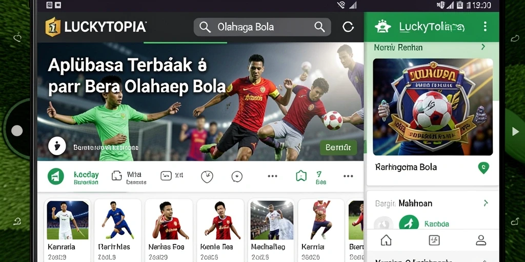 Antarmuka aplikasi LUCKYTOPIA menunjukkan berita dan statistik olahraga bola.